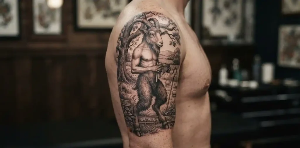 Pan-inspired goat tattoo with rustic flute imagery