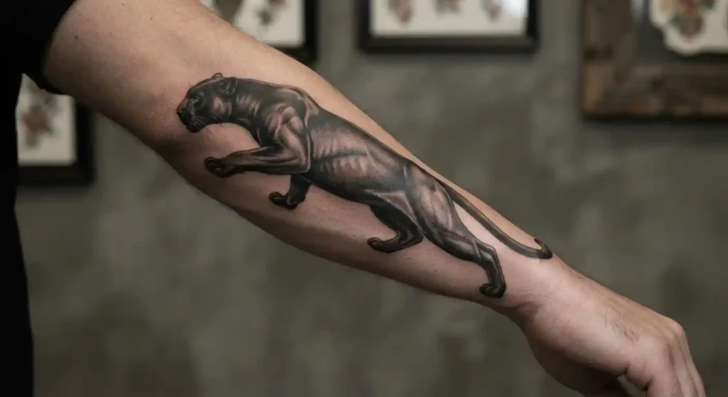 Crawling panther tattoo following the natural forearm shape