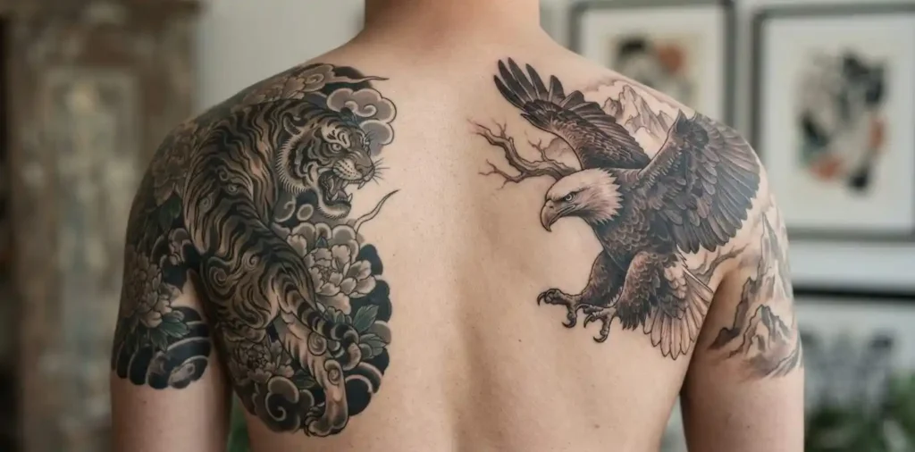 Tiger and bald eagle tattoos showing different cultural symbolism