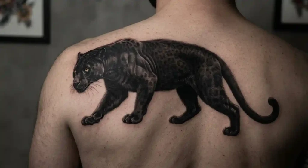 Realistic black panther tattoo with dark coat and subtle rosettes