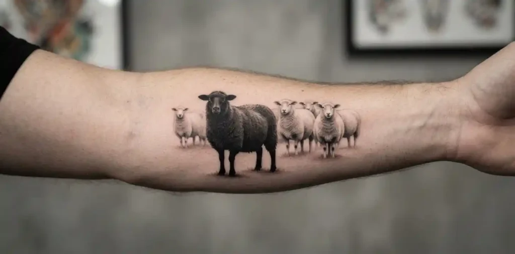 Black sheep tattoo standing apart from a white flock