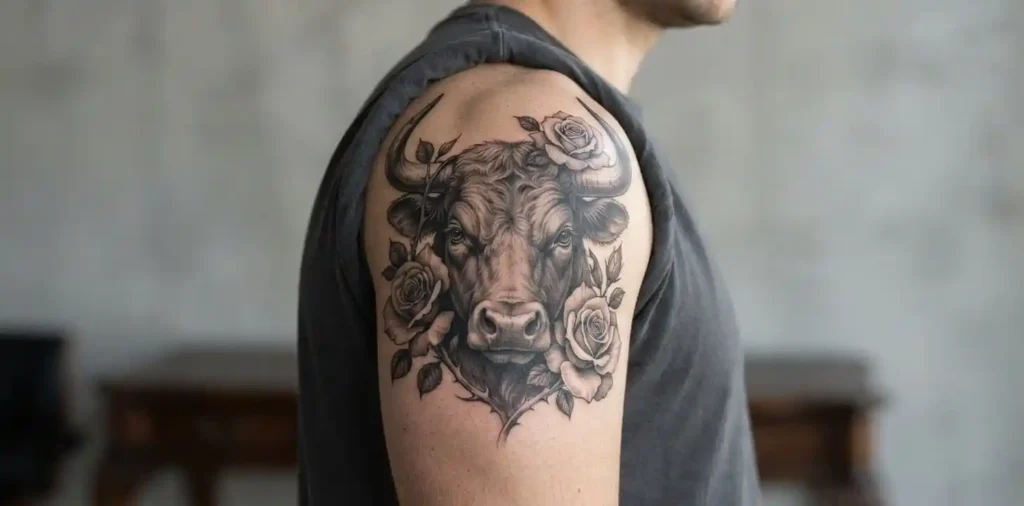 Bull and roses tattoo symbolizing strength and beauty