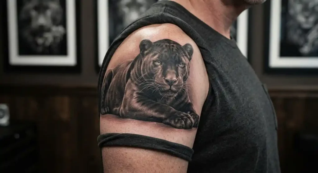 Calm panther tattoo symbolizing quiet strength and inner peace