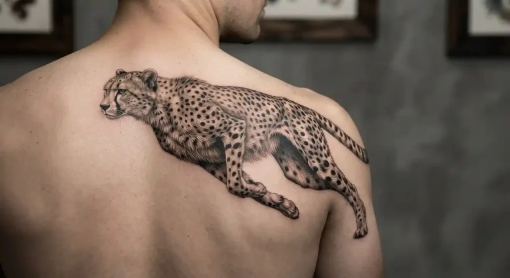 Running cheetah tattoo symbolizing speed and focus