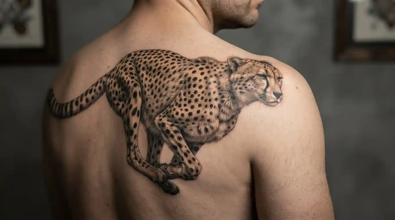Realistic running cheetah tattoo on skin