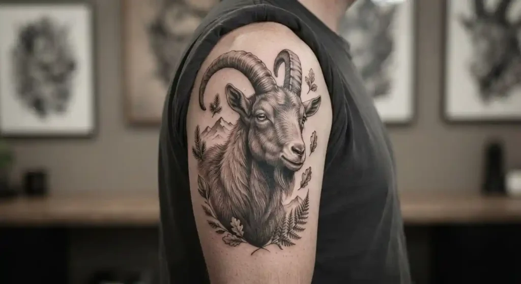 Goat tattoo with mountain details symbolizing resilience and independence