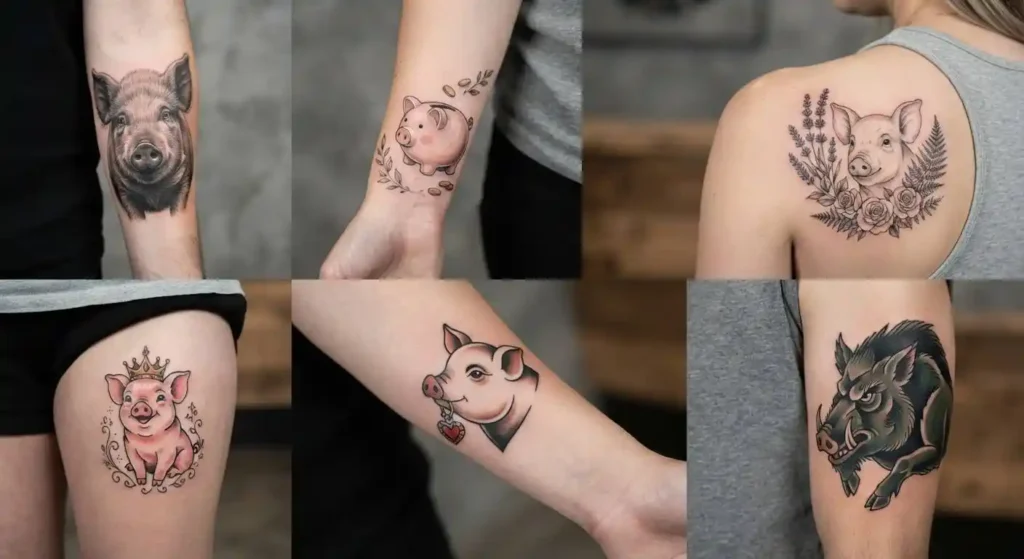 Different pig tattoo designs with symbolic elements