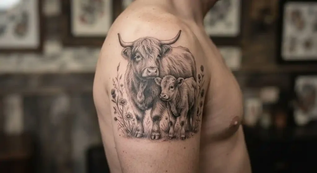 Cow and calf tattoo symbolizing motherhood and nourishment
