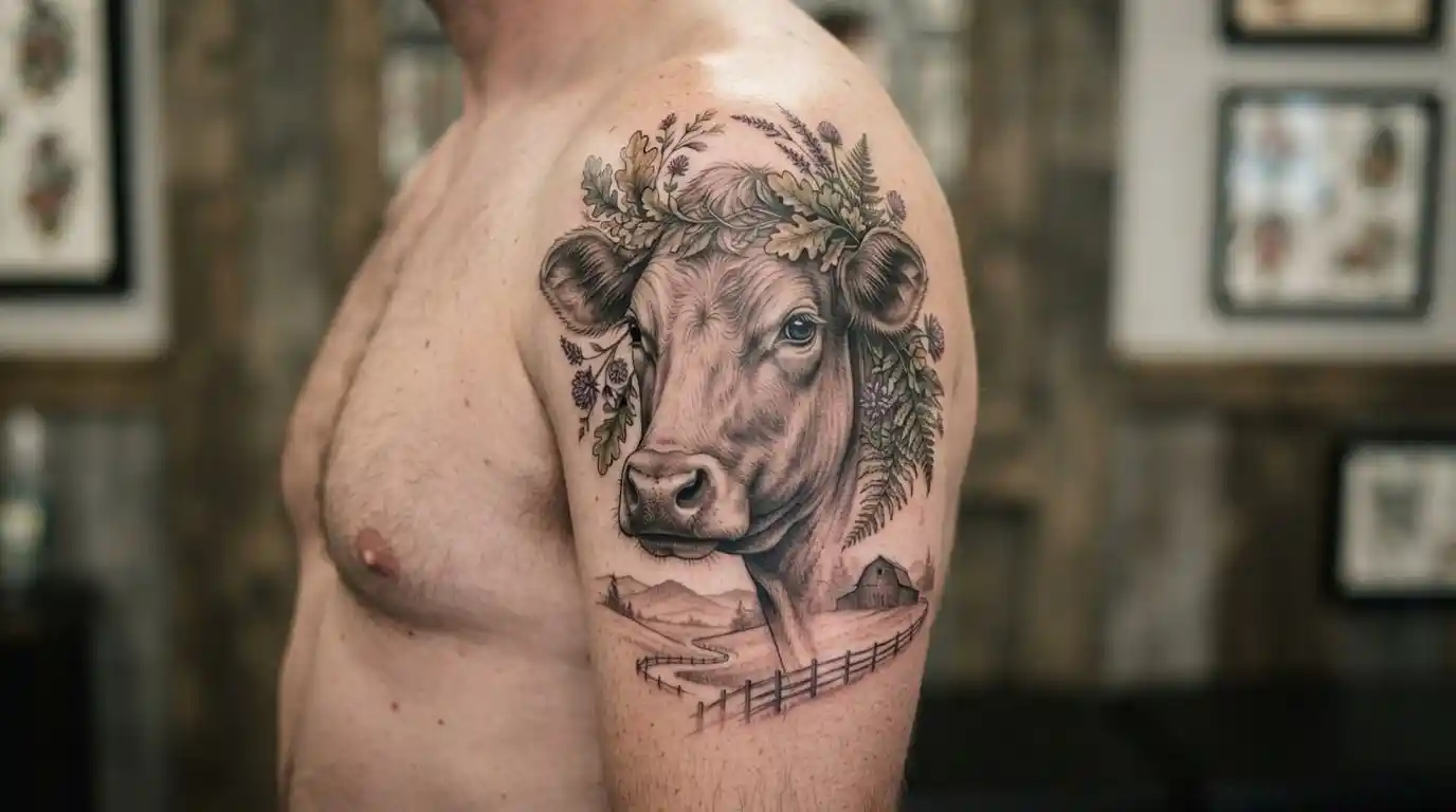 Realistic cow tattoo representing nature, family, and abundance