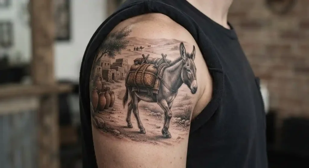 Ancient-style donkey tattoo representing work and transportation