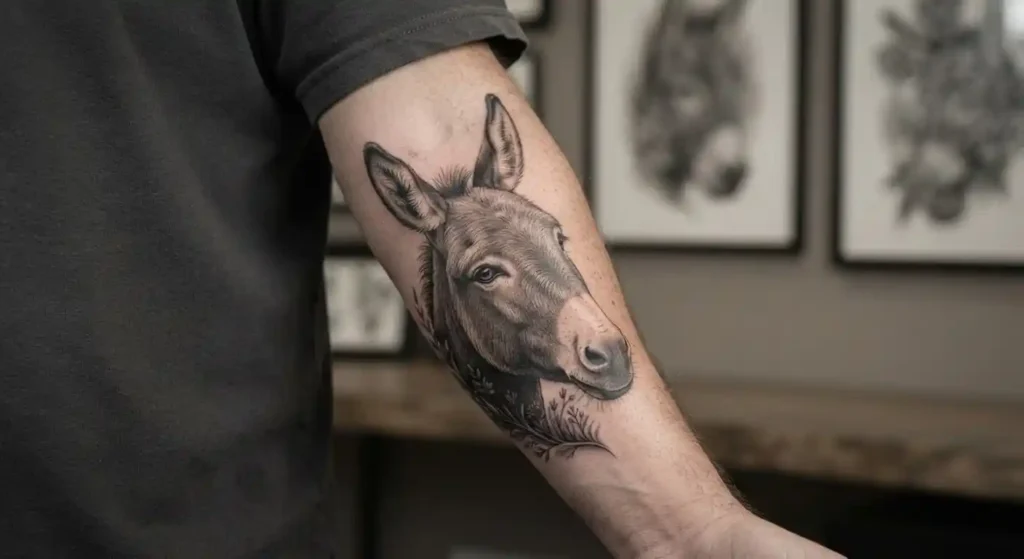 Donkey tattoo symbolizing patience resilience humility and loyalty