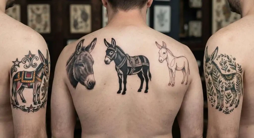 Donkey tattoo shown in multiple professional tattoo styles