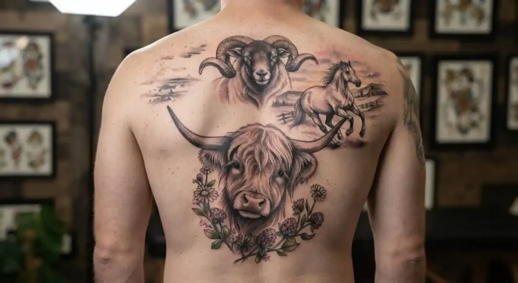 Farm animal tattoo designs using pose flowers and landscape