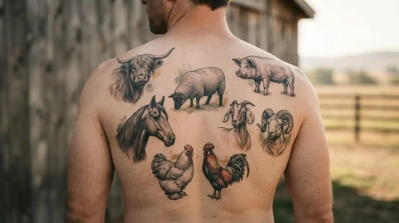 Farm animal tattoos featuring cow pig and sheep designs