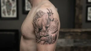 Realistic mountain goat tattoo on an upper arm