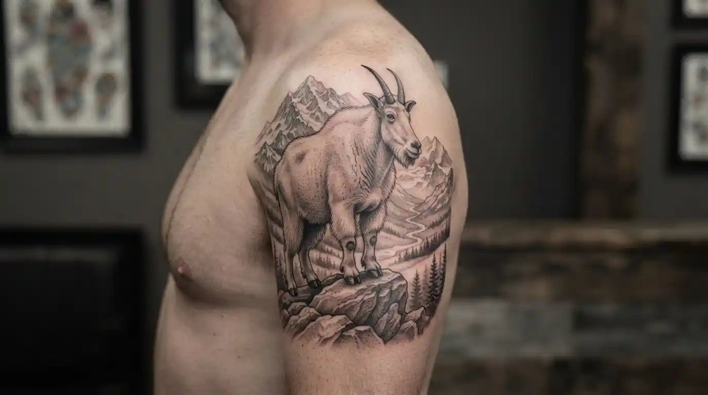 Realistic mountain goat tattoo on an upper arm
