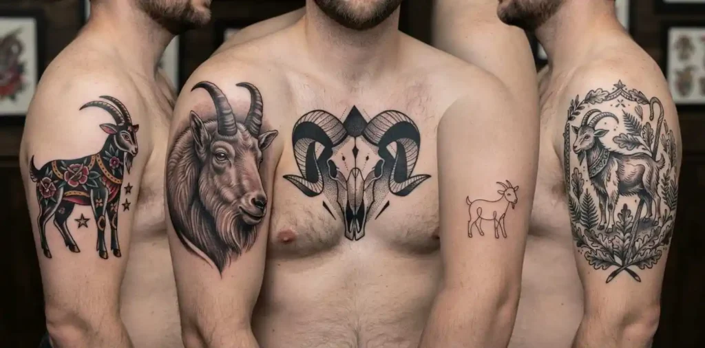 Goat tattoos in traditional realism blackwork and fine line styles
