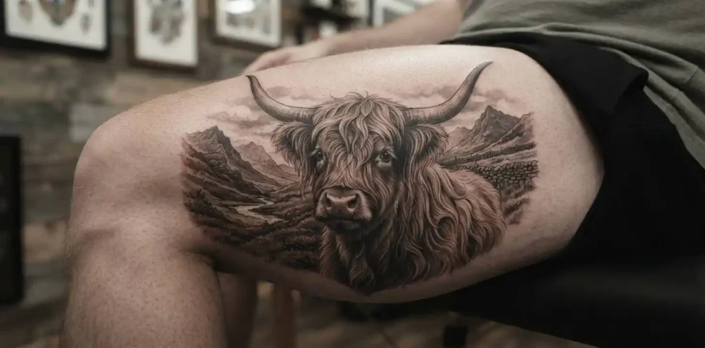 Highland cow tattoo with rugged natural landscape
