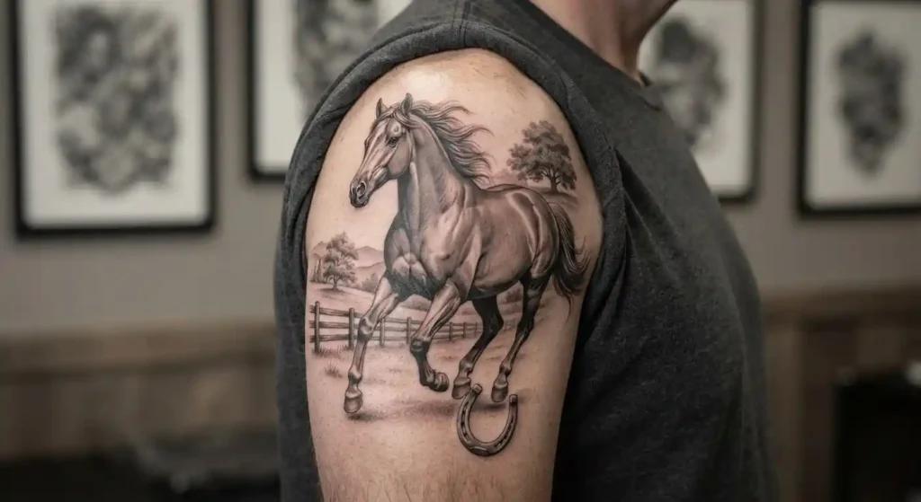 Horse tattoo symbolizing freedom strength loyalty and rural heritage
