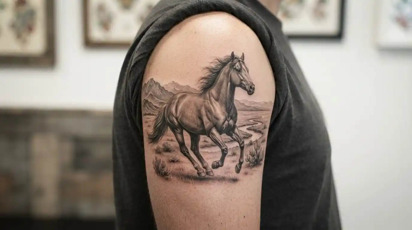 Realistic horse tattoo symbolizing freedom and strength