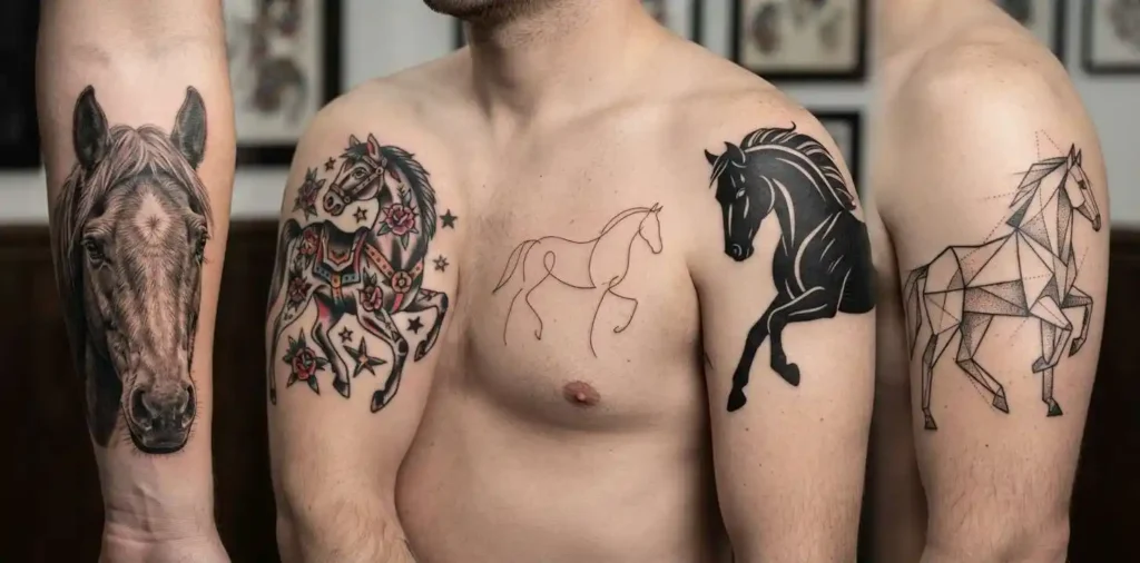 Different horse tattoo styles on natural skin
