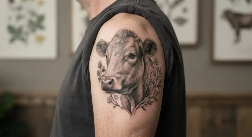 Cow tattoo representing family abundance patience and rural heritage