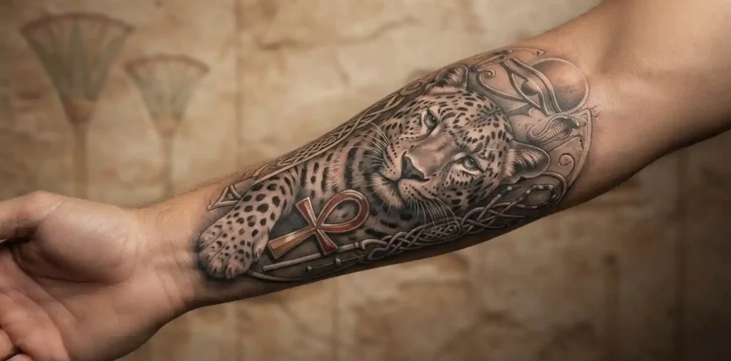 Egyptian-inspired leopard tattoo with ritual symbolism