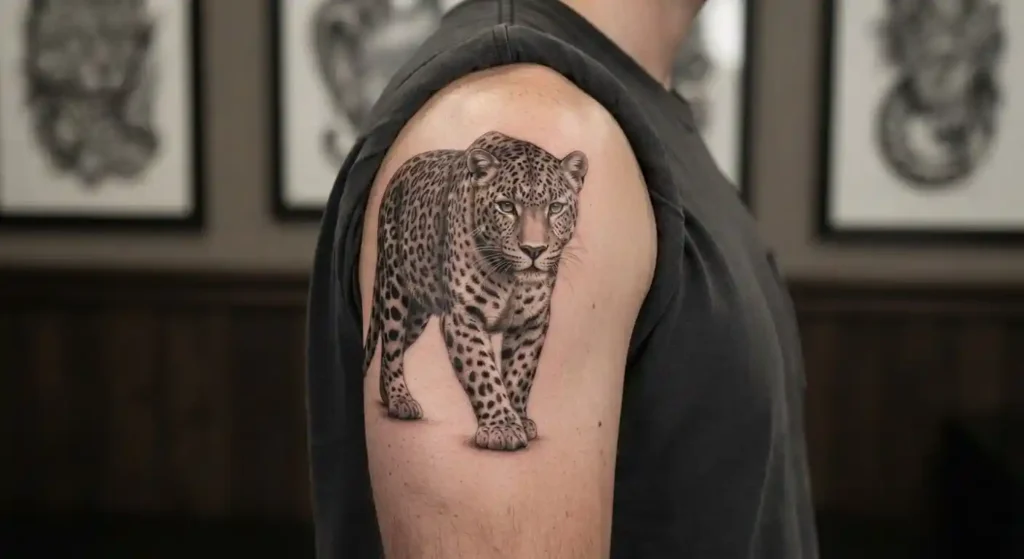 Realistic leopard tattoo symbolizing strength independence and individuality