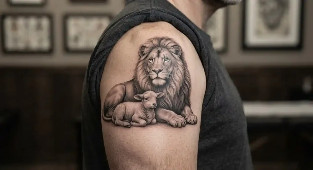 Lion and lamb tattoo symbolizing strength peace and protection