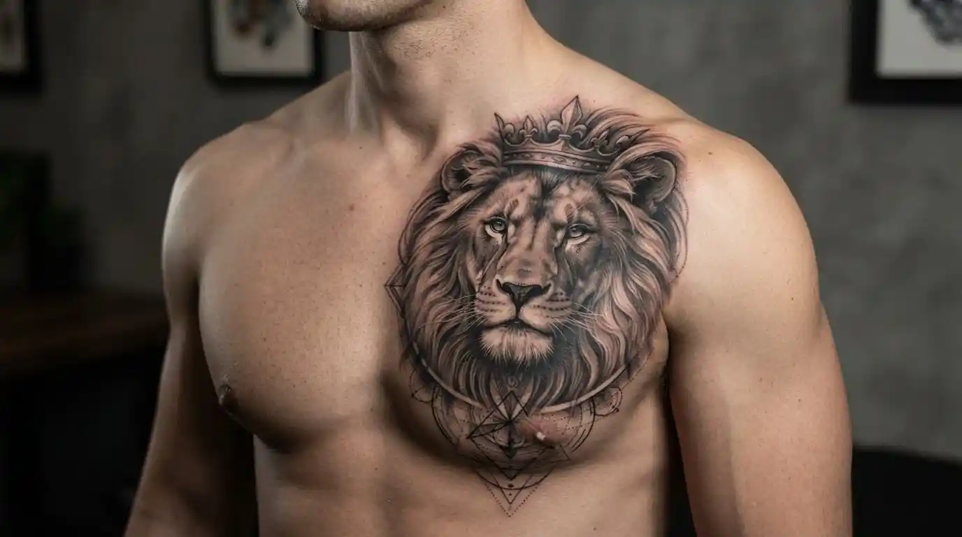 Realistic lion tattoo on chest showing strength and leadership