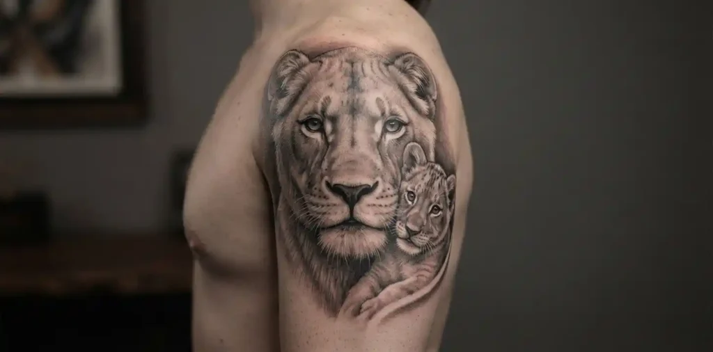 Lioness tattoo with cub representing protection and family