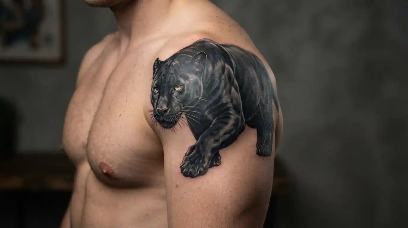 Detailed black panther tattoo symbolizing strength and stealth