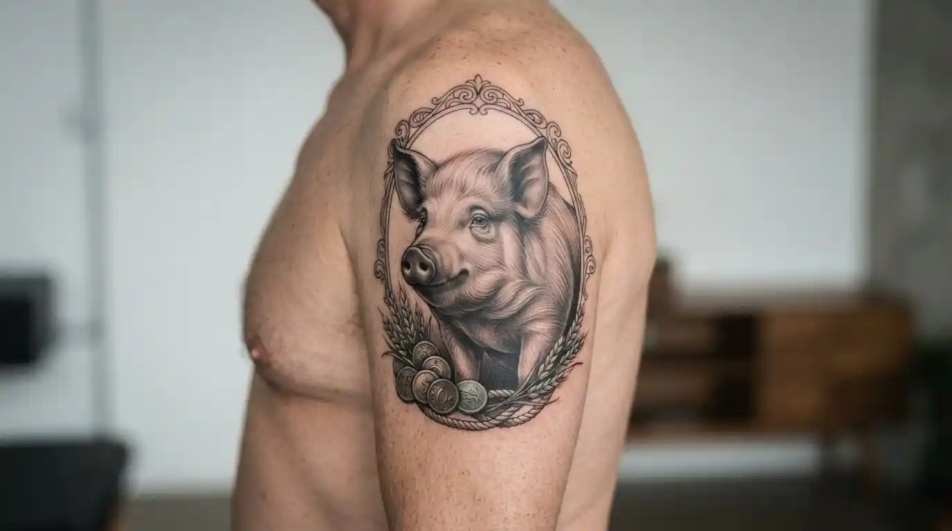 Realistic pig tattoo symbolizing prosperity and heritage