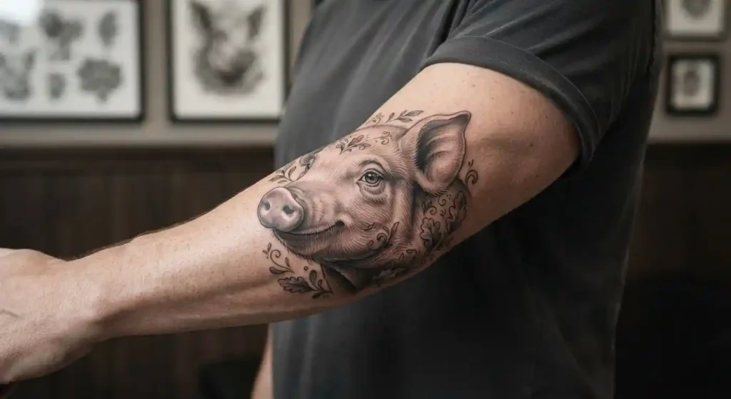 Pig tattoo symbolizing playful confidence and individuality