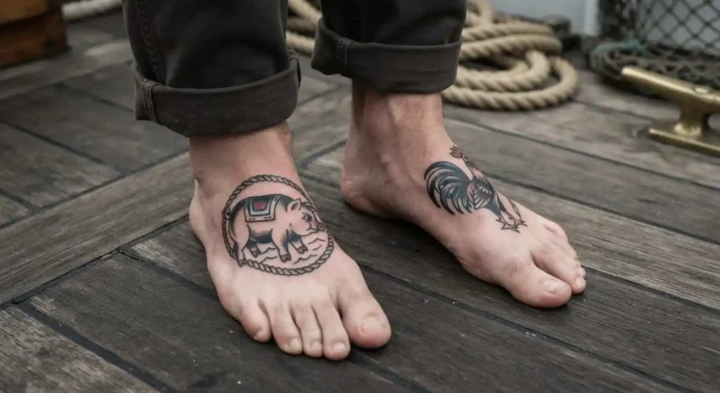 Sailor pig and rooster tattoos on opposite feet