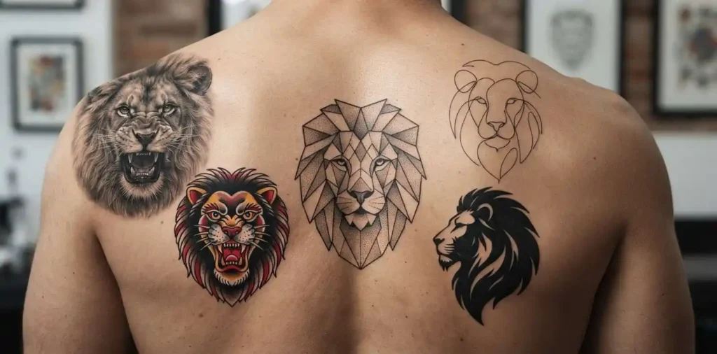 Realistic traditional geometric minimalist and blackwork lion tattoos