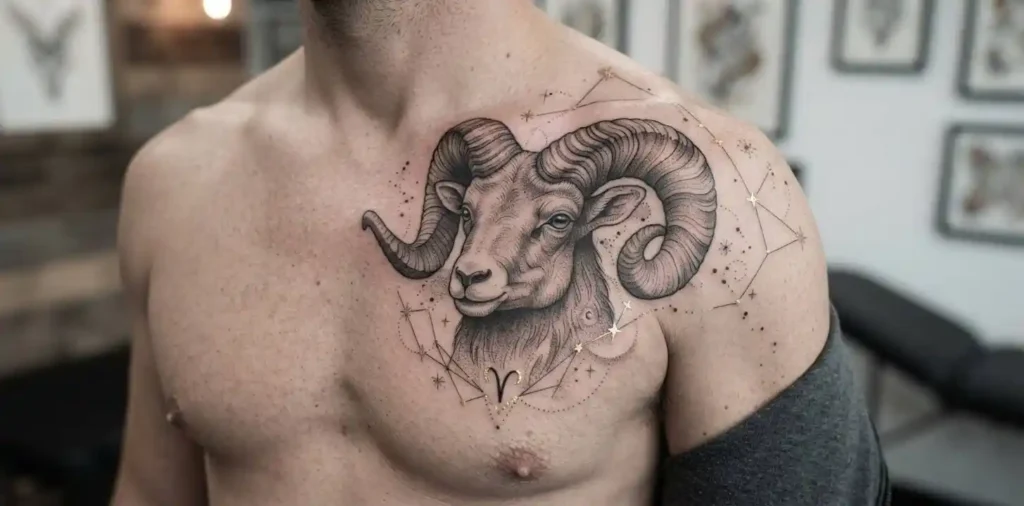 Ram tattoo with Aries zodiac constellation and glyph