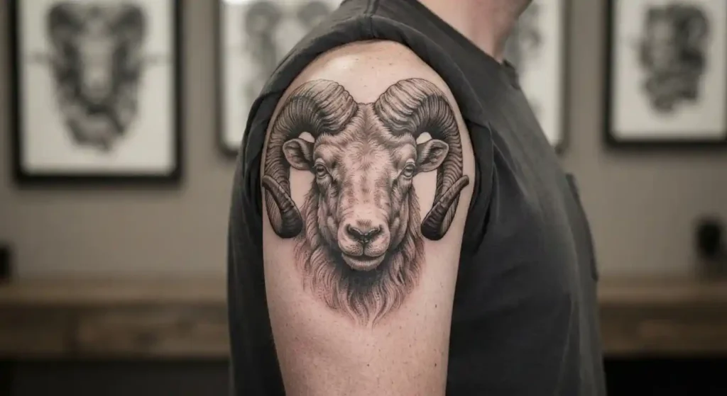 Realistic ram tattoo symbolizing strength courage and determination