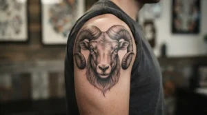 Realistic ram head tattoo with large curled horns