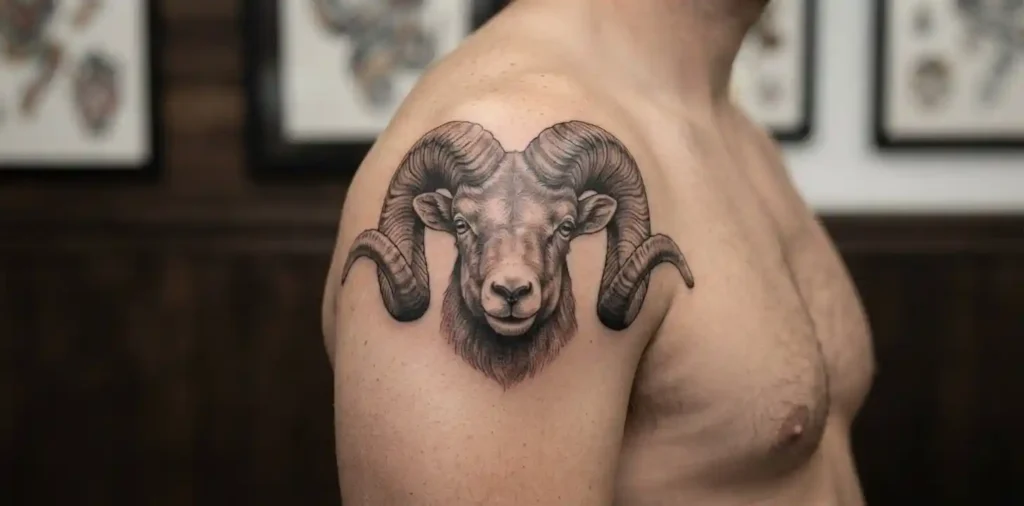 Ram tattoo fitted naturally across shoulder and upper arm