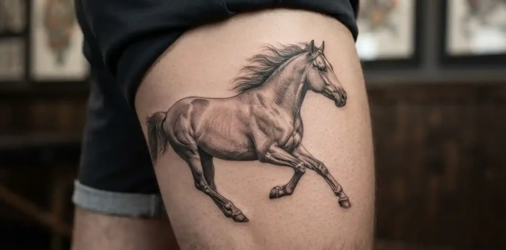 Running horse tattoo representing movement and progress