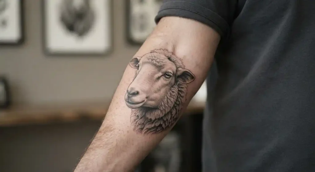 Sheep tattoo symbolizing gentleness peace family and quiet strength