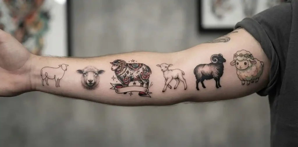 Sheep tattoos in realistic fine-line and blackwork styles