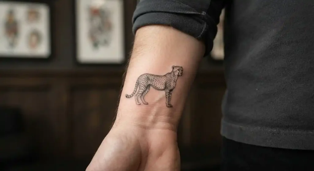 Small cheetah tattoo symbolizing speed freedom and confidence