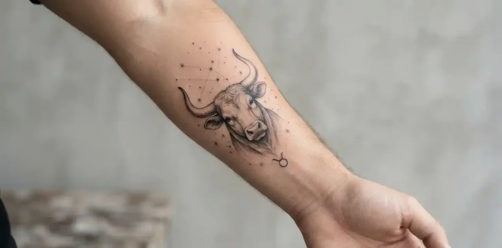 Taurus bull tattoo with zodiac symbol and stars