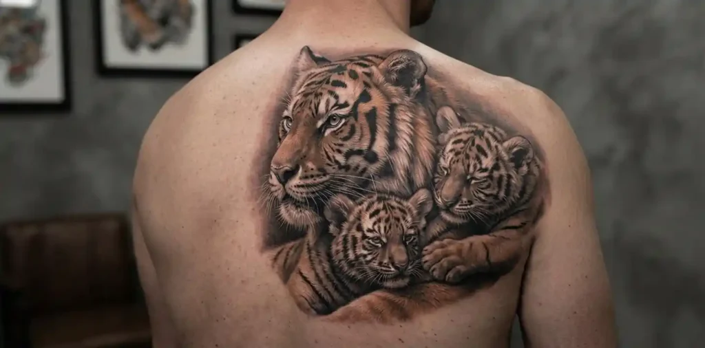Tiger and cub tattoo symbolizing family and protection