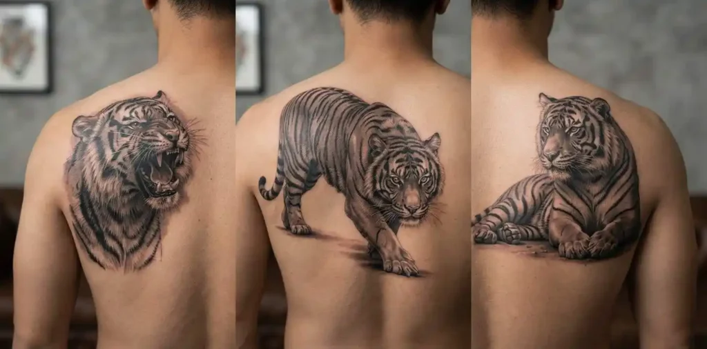 Roaring stalking and resting tiger tattoo designs
