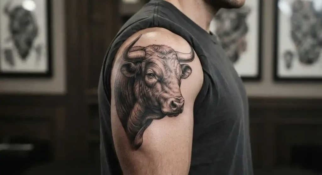 Bull tattoo placed across the shoulder and upper arm